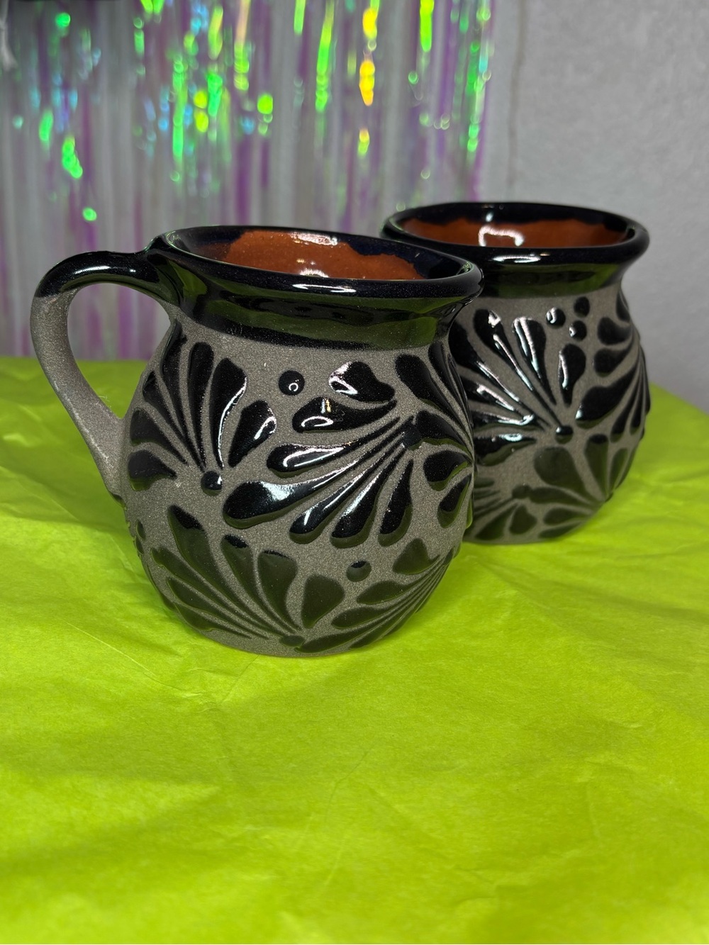 Handmade In DGO, Mexico Artisan Black/Gray Talavera Barro Jarrito Mugs Set of 2